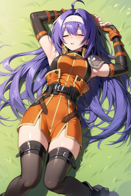 1girls,<lora:mia fehXL:1>,mia feh,long hair,ahoge,purple hair,green eyes,white hairband,shoulder armor,orange dress,sleeveless turtleneck, belt,fingerless gloves,thighhighs,boots,full body,grass field,sleepy,lying, arms up,lie on oneâs back,ultra-detailed, best quality,masterpiece