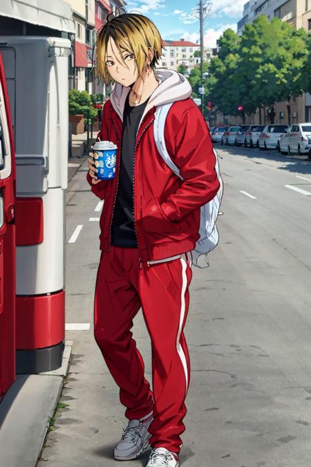 masterpiece, best quality, 1boy, <lora:kenma:0.9>, solo, male focus, blonde hair, black hair, multicolored hair, forehead, full body, red jacket, white hoodie, sweatpants, sneakers, walking, park, looking at viewer