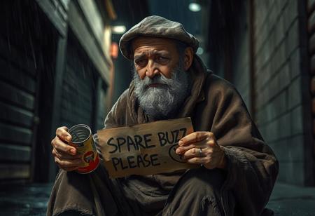 Realistic, high quality, great anatomy, accurate, 1man, fuzzy beard, short beard,  grey beard, wrinkly face, dirty face, tired face, ragged robe, dirty clothes, dirty hat, berret hat, ragged long pants, sitting, 2 hands, detailed hands, holding empty food can, opened food can, 1can, rusty can, topless can, holding cardboard, cardboard saying "SPARE BUZZ PLEASE", looking down, looking away, frowning, crying, sobbing, sad,
Night time, heavy rain, raining, dark alley, dutch angle, full body, far view, side view, modern, dark, no lightning