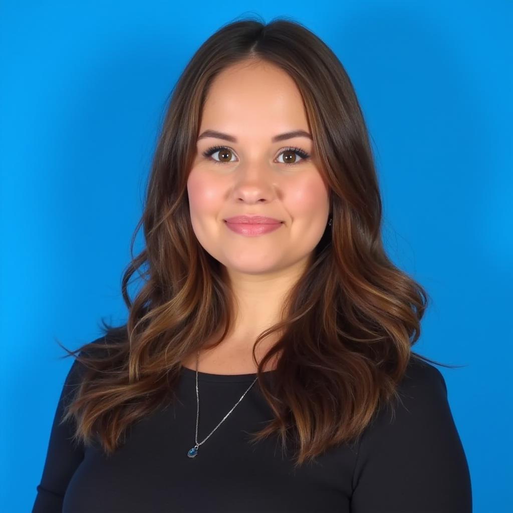 professional portrait of woman, plain blue background