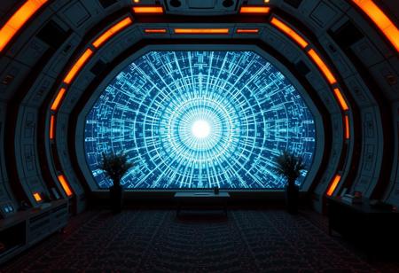 acoustic pattern visual representation of Ligeti: Requiem II Kyrie, present in sci-fi room