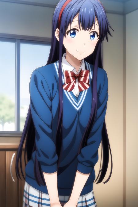 1girl, bangs, blazer, blue eyes, indigo hair, blue jacket, bow, bowtie, collared shirt, diagonal stripes, hairband, jacket, long hair, looking at viewer, red bow, red bowtie, school uniform, shirt, smile, solo, striped, striped bow, striped bowtie, white shirt, mikoto_asuka, <lora:add_detail:0.7>