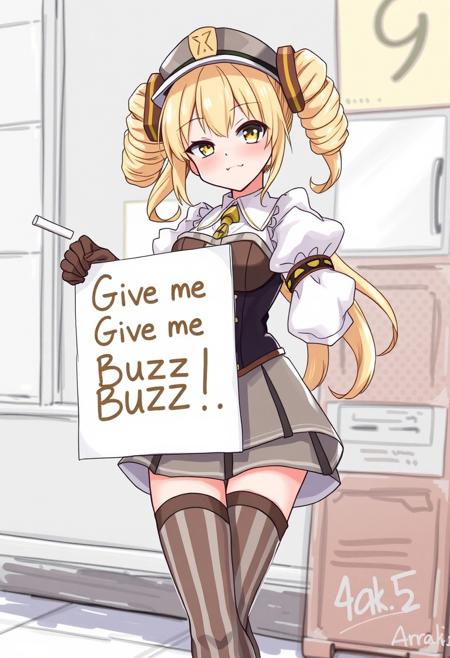 score_4,score_5,score_6,score_7_up,score_8_up,score_9 ((masterpiece,best quality,ultra detailed,highres,HD,4k:1.2)), 
Araki,sketch,
mami tomoe, blonde hair, drill hair, twin drills, yellow eyes,large breasts,
brown gloves, corset, detached sleeves, fingerless gloves, gloves, hat, juliet sleeves, long sleeves, magical girl, puffy sleeves, skirt, striped, striped thighhighs, thighhighs, thighs, vertical stripes, vertical-striped thighhighs, 
outdoors,
(("Give me Buzz.",Beggars Borad,Holding a sign, holding a sign that says, "Give me Buzz.")) wink,happy,blush, looking at viewer, smile,,