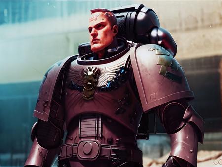 realistic, armor, 1boy, male focus, solo, science fiction, power armor, signature,manly, mecha, shoulder armor, fire, belt, damaged, blurry, upper body, blurry background, retro artstyle, pauldrons, alien, shoulder pads, pilot suit<lora:Warhammer 40K-000015:1>Warhammer 40K