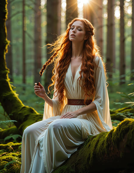freyja, auburn hair, braided hair, magic, forest, mythic beauty, <lora:NBN-Freyja_NordicByNature:0.8>, ,A Viking poet composing songs in Freya’s honor, inspired by her divine presence.,low light, soft natural light, Rembrandt style light, Hasselblad DLSR camera, 200mm Zeiss lens, f/2.8 clear focus, high resolution image, ,Sexy pose, erotic pose, exhibitionism, ,observatory platform
