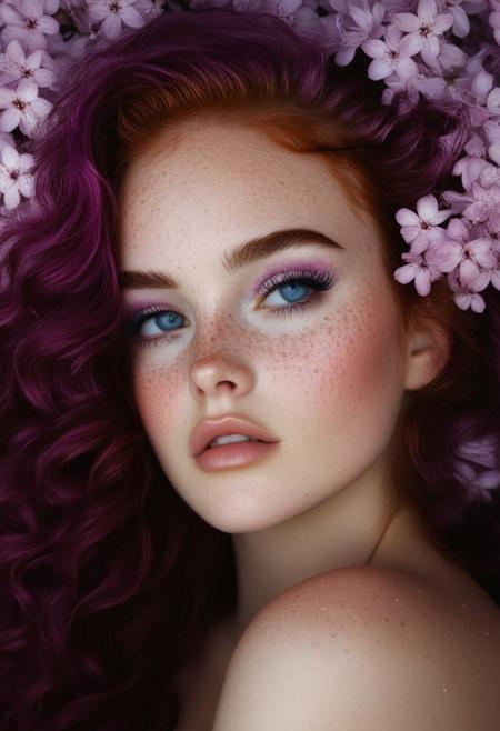 This is a high-resolution, highly detailed photograph of a young woman with an ethereal, dreamy quality. She has light, creamy skin and striking, piercing blue eyes that are wide open, gazing directly at the camera. Her face is covered in tiny, sparkling snow specks, likely a makeup effect, which adds a magical, otherworldly glow to her appearance. Her skin is dotted with freckles, particularly prominent on her nose and cheeks. 
Her long, wavy hair is a vibrant, neon purple, cascading down her shoulders, and adored with tiny lilac blossoms blending into her surroundings.rockabilly style, 1girl, freckles, solo, flower, looking at viewer, pink hair, pink flower, long hair, eyelashes, portrait, 1950's