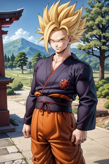 ssj2, 1boy, yellow hair, green eyes,standing,cowboy shot, smirk,(red kimono, red hakama,long sleeves),looking at viewer,japanese forest, shrine,arms at sides,(best quality, masterpiece)