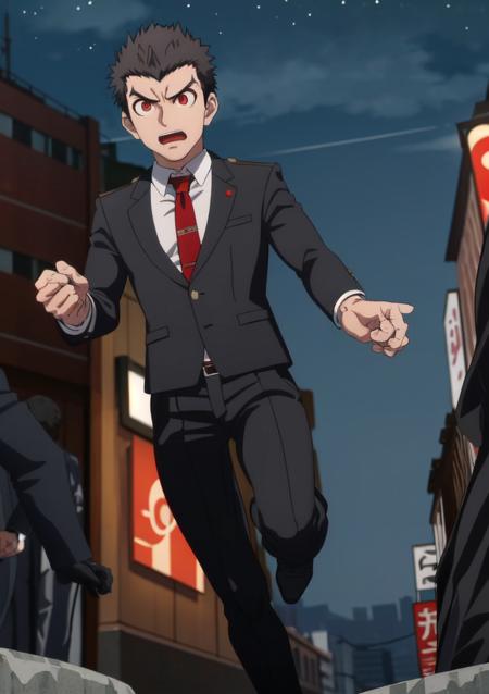 masterpiece, best quality,  night, city, <lora:IshimaruB2-16:0.65>, 1boy, short hair, red eyes, thick eyebrows, black suit, running, from below, (ishimaru kiyotaka:0.8), muscular,