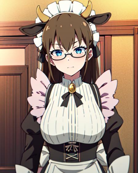 CowAceMaidR4, 1girl, brown hair, blueyes, glasses,  maid, maid apron, main headdress, animal ears, cow horns,