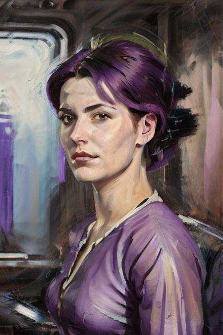 young woman in her 20s from the future, purple hairs Side-swept, cyberpunk classy starship commander <lora:jgurney:0.8> oil painting brush strokes