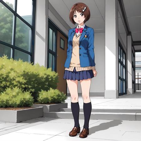 SayakaYuzuhara,1girl,brown hair,short hair,hair_ornament,brown eyes, school_uniform,blue jacket,long_sleeves,sweater_vest,bowtie, pleated_skirt,