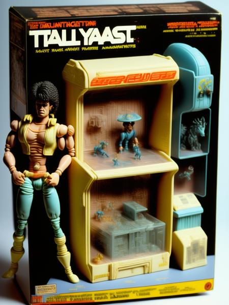 <lora:1987ActionFigurePlaysetPackaging:1>1986 Mattel playset and packaging from transparent cast plastic toy with paint details action figure line based on 1980s video game arcades 1982