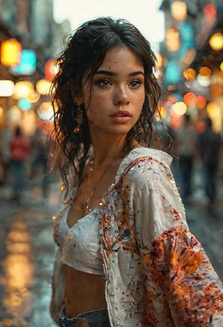 (extremely intricate:1.3), (realistic), portrait of a beautiful 20 year old hispanic girl in a bustling metropolis, weaving through crowded streets and dark alleyways, close up, dimple, Detailed clothes, [(white skin:1.2)], light brown eyes, ((visible skin texture))), flowing black hair, determined expression, shiny glossy skin, subsurface scattering, (sharp:0.7), [(colorful explosion psychedelic paint colors:1.21)::0.05], amazing fine detail, Nikon D850 film stock photograph Kodak Portra 400 camera f1.6 lens, rich colors, lifelike texture, dramatic lighting, urban environment, skyscrapers, neon signs, street vendors, dynamic composition, unreal engine, trending on ArtStation, cinestill 800 tungsten
, volumetrics dtx, (film grain, blurry background, blurry foreground, bokeh, depth of field, motion blur:1.3)<lora:more_details:0.6>