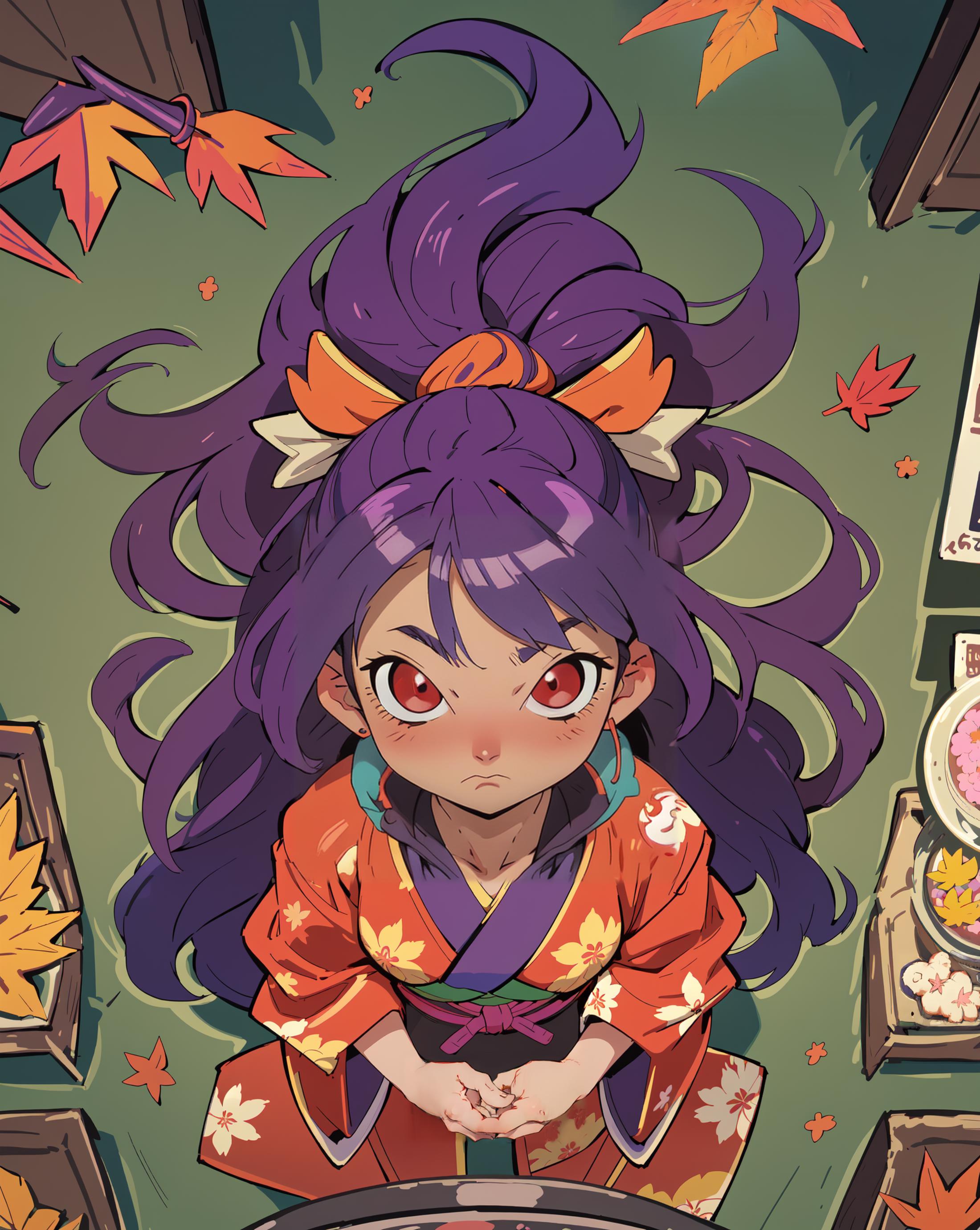 A purple-haired girl wearing an orange bow is sitting on the floor.