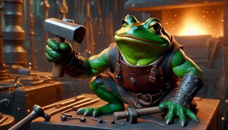 Photograph of  disney animation, blacksmith frog with green long furry, hammer in paw,
 (masterpiece), (best quality:1.2), intricate details, (highly detailed skin:1.2),
intricate details, 8k post production, high resolution, hyper detailed, trending on artstation, sharp focus, studio photo, intricate details, highly detailed,  , captured on a (Hasselblad X1D II 50C)