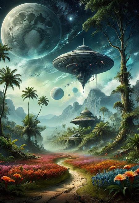 Concept Art, (masterpiece: 0.4) high detailed, bright natural lighting, shadows, high contrast, a tropical Forest in alien planet, two big moons in sky, Old civilization big abandoned long time ago spaceship, seeing (mythical alien like not on earth plantations Neon lights on Flower kind plants) Trees plants and flowers from the ground view from below, atmospheric dreamscape painting, dream scenery art, highly detailed visionary art, CGI style, vibrant oil painting, splash art, Cozy mystery, masterpiece 8k wallpaper, neoplasticism, Unreal Engine, dramatic lighting vines, overgrown, ink stains, ink splatters, ink runs, ink spots, faded ink,ral-dissolve, linquivera, liiv1, on parchment