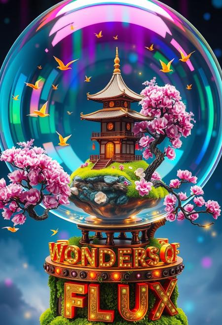 Step into a mesmerizing dreamscape where reality waltzes with imagination! At its core, a gigantic soap bubble shimmers with cascading iridescent rainbows. Within this ethereal sphere, a whimsical Japanese pagoda floats—its walls adorned with candy-striped silk and its roof a flurry of golden origami cranes taking flight.
This fantastical pagoda perches precariously atop a floating island of neon-green grass, sparkling as if dusted with fairy magic. Enveloping it, cherry blossom trees burst with cotton candy blooms, their petals swirling in gentle pink tornadoes. Nearby, a mischievous bonsai tree, its leaves a kaleidoscope of ever-changing colors, grins playfully as firefly fairies dart among its branches.
The bubble rests on an intricate contraption of polished copper and glowing gemstones, teetering on oversized, moss-covered blocks that spell out “WONDERS OF FLUX” in a whimsical, illuminated script. Surrounding this scene, a moat of liquid starlight ripples with leaping origami koi fish. Beyond, an enchanted forest unfolds with ice cream-flavored tree trunks and mushrooms large enough to dwell in. Shafts of prismatic light pierce the canopy, revealing mischievous cloud sheep frolicking in a sky that shifts from bubblegum pink to electric blue. The entire composition dazzles with a symphony of electric purples, lime greens, sunset oranges, and cerulean blues, creating a riot of color and whimsy.