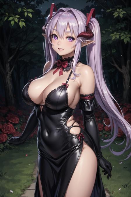 hm_hotengeki, purple hair, hair intakes, hair between eyes, twintails, long hair, purple eyes, demon horns, pointy ears, demon girl, large breasts,  shirt, cleavage, underwear, short sleeves, black thighhighs,black skirt, apron, red ribbon, wrist cuffs, maid, maid headdress, garter straps, black bra, waist apron, lace trim, corset, underbust, lace-trimmed legwear,