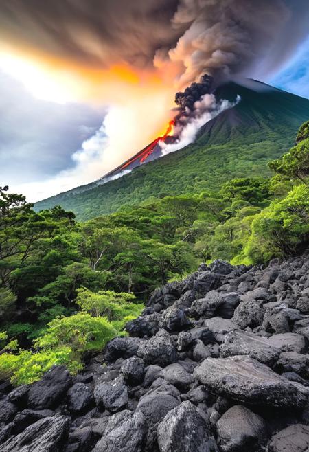 A towering volcano erupts on the edge of a vast, emerald forest, spewing molten lava that flows like a fiery river towards the churning ocean below. A powerful wind whips across the scene, sending plumes of ash swirling into the turbulent sky where storm clouds gather, unleashing a torrential downpour. Despite the chaos, a lone figure stands defiant on a rocky outcrop. Their hair whips in the wind, their body rooted to the earth, their hand outstretched towards the heavens, channeling the raw power of all four elements in a mesmerizing display of unity and control.