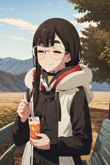 best quality, masterpiece, highres, solo, {toba_minami_yurucamp:1.15}, long_hair, bangs, closed_eyes, glasses, thick_eyebrows, black_hair, brown_hair, smile, closed_mouth, 1girl, blue_sky, short_hair, sky, coat, jacket, upper_body