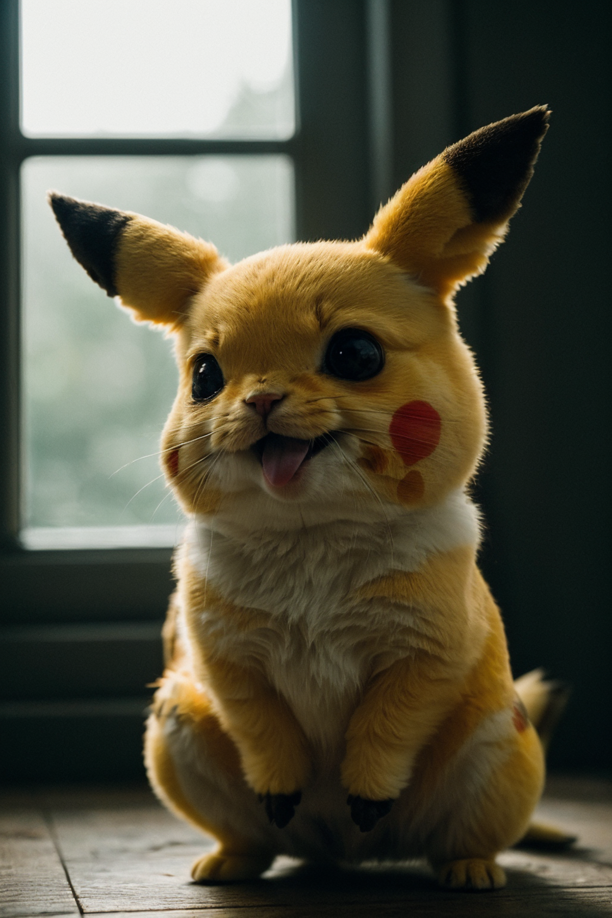 A close-up of a Pikachu plushie with a tongue sticking out.