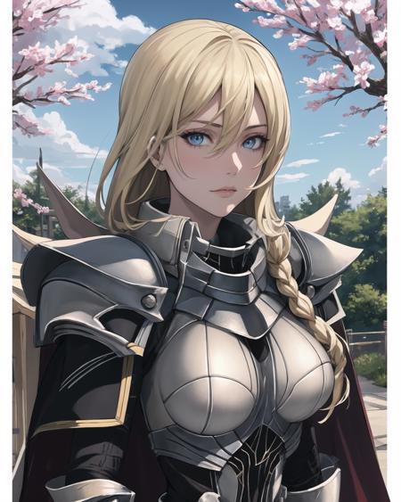 best quality, (masterpiece:1.2), illustration, absurdres,
(1girl, solo),  (beautiful detailed girl), (upper body, portrait),,
<lora:Arianrhod-09:1>, Arianrhod, blond hair, long hair, braid, blue eyes, large breasts,
armor, knight, (shoulder armor, pauldrons:1.1), faulds, gauntlets, breastplate, (black_bodysuit:1.3), pantyhose, armored_boots, greaves, red waistcloak, cape,
calm, confident, proud, looking at viewer,
park, sky, clouds, trees, outside japanese school,