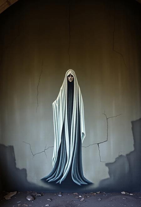 A ghostly figure painted on a forgotten tunnel wall, appearing as though she is trapped beneath the surface
stylized figurative painting, Symbolist influences, muted yet rich color palette, dramatic chiaroscuro, elongated forms, emotional intensity, religious and folkloric themes, Gothic undertones, strong narrative composition, soft yet defined brushstrokes, harmonious balance of realism and stylization, allegorical storytelling, quiet yet powerful visual expression