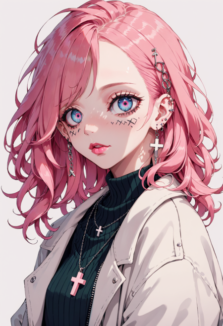 1girl, solo, long hair, looking at viewer, blue eyes, simple background, white background, jewelry, closed mouth, jacket, upper body, pink hair, earrings, pink eyes, necklace, from side, sweater, lips, eyelashes, makeup, wavy hair, piercing, cross, lipstick, ear piercing, eyeshadow, hoop earrings, pink lips, multicolored eyes, pink theme, triangle, pink eyeshadow, flat color, cel shading, screen print