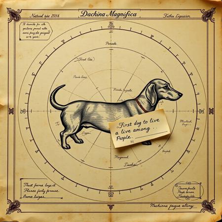 a davinci diagram in the style of the voynich manuscripts, depicting a dachshund, hand written annotations, aged parchment, Machina Magnifica. Note affixed that says "first dog to live among people", 4k quality