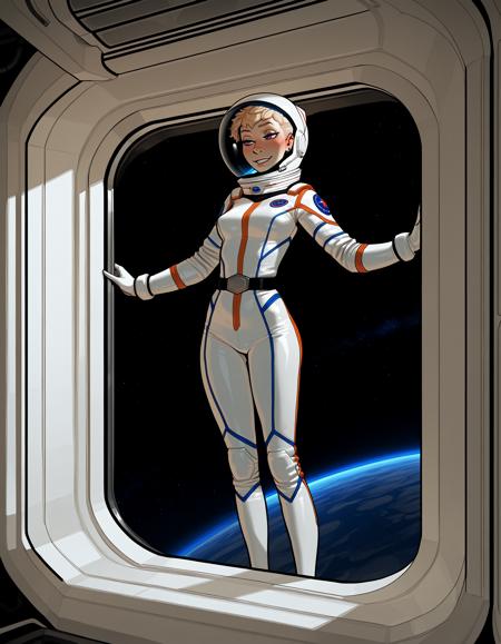IllustriousQual, detailed face,
tall woman, solo, very short blonde hair, pixie cut, small breasts, long legs, mischievous smile,
wearing a spacesuit and helmet, 
on a space station, posing in an airlock, view of blue planet out of window,
<lora:incaseIllustrious:0.8> incase style,