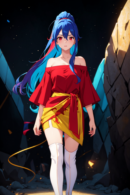 (masterpiece, best quality:1.4), cinematic light, colorful, high contrast, 1girl, off-shoulder shirt, sarong , thigh boots, bobby socks, asteroid, day, standing, blue hair , red eyes, multicolored hair, hair between eyes, very long hair, split ponytail