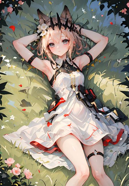 ((masterpiece,best quality)), 1girl, vendela, hair ornament,sleeveless dress, bare shoulders, arm strap, bare legs, lying, armpits, blush, on grass, petals, from above,