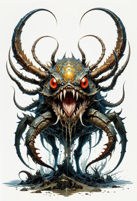 full body, lineart, concept art, a misshapen, beefy crab-like monster stands on a tentacle-like foot, glowing eyes, beak with big teeth, spits poisonous saliva, watercolor wash, approaching perfection, pure form,  minimalistic, unfinished, concept art by Brian Froud and Carne Griffiths, intricate details, 8k post production, high resolution, hyperdetailed, trending on artstation, sharp focus, studio photo, intricate details, highly detailed, by greg rutkowski<lora:xl_more_art-full_v1:0.5>
dungeon and dragon , fantasy,  detailed_eye_model, white background, red olive blue yellow