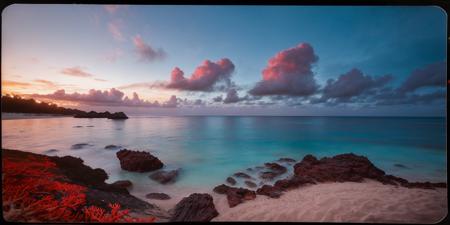 photo of coral paradise beach,  twilight,  red and blue clouds,  tropical,  rocks,  cinematic,  Polaroid,  gloom