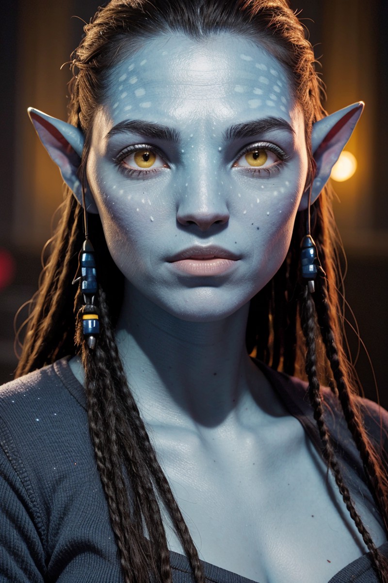 headshot of naavi woman, blue skin, alien, pointy ears, freckles, yellow eyes, black shirt, scifi starship background, bla...