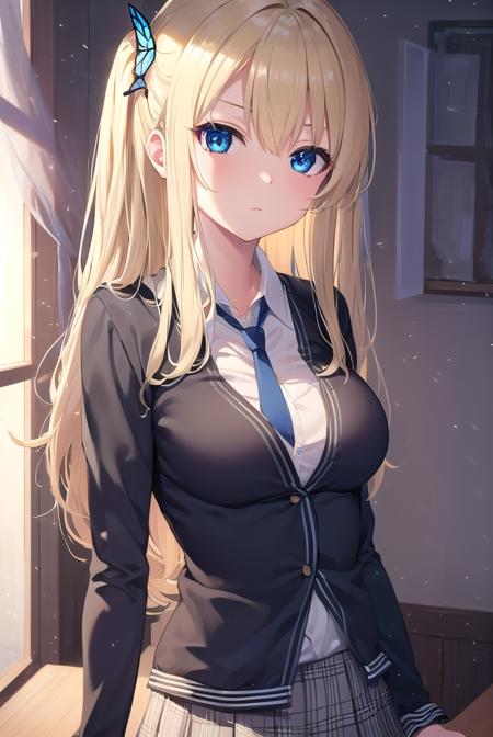 senakashiwazaki, <lora:sena kashiwazaki-lora-nochekaiser:1>,
sena kashiwazaki, blonde hair, butterfly hair ornament, hair ornament, long hair,
BREAK cardigan, checkered clothes, checkered skirt, jacket, long sleeves, necktie, school uniform, shirt, skirt, st. chronica academy school uniform
BREAK indoors, classroom,
BREAK looking at viewer, (cowboy shot:1.5),
BREAK <lyco:GoodHands-beta2:1>, (masterpiece:1.2), best quality, high resolution, unity 8k wallpaper, (illustration:0.8), (beautiful detailed eyes:1.6), extremely detailed face, perfect lighting, extremely detailed CG, (perfect hands, perfect anatomy),