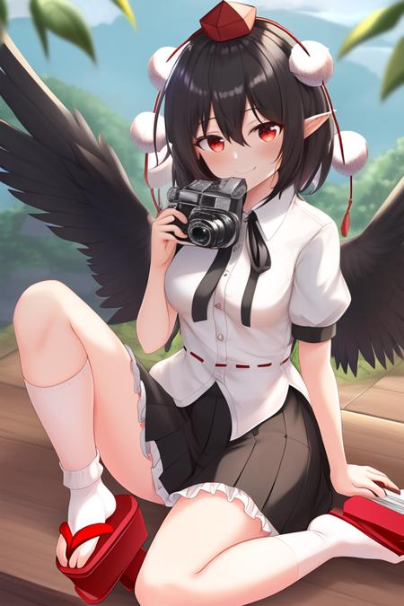 masterpiece, best quality, highres, solo, {shameimaru_aya_touhou:1.10}, short_hair, hat, black_hair, tokin_hat, red_eyes, wings, black_wings, bangs, red_headwear, smile, ribbon, breasts, pointy_ears, hair_between_eyes, neck_ribbon, 1girl, bird_wings, black_skirt, geta, looking_at_viewer, puffy_short_sleeves, red_footwear, shirt, short_sleeves, skirt, tengu-geta, white_shirt, black_socks, collared_shirt, frills, pom_pom_\(clothes\), puffy_sleeves, socks, black_ribbon, camera, feathered_wings, frilled_skirt, holding, kneehighs, closed_mouth, full_body, holding_camera