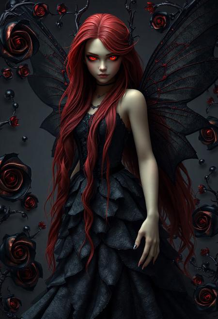 A photorealistic 3D artwork of a stunning fairy with a crimson and black theme inspired by black roses and dark magic. Her long, flowing hair, a deep, rich crimson, cascades down her back like rivulets of blood. Her eyes, a piercing, glowing crimson, hold an intense, almost hypnotic gaze. Her wings, delicate yet powerful, are crafted from a shadowy, translucent black material, veined with crimson lines resembling the thorns of a rose. She is adorned in a gown of shimmering, layered black fabric, reminiscent of unfolding black rose petals, giving her a darkly elegant and regal presence. The scene is enveloped in swirling fractal patterns inspired by thorny vines and the spiraling centers of black roses, creating a dramatic and mysterious atmosphere. The overall composition is rich in contrast and texture, with a gothic, almost surreal quality that brings the fairy and her surroundings to life in a dramatic interplay of crimson and black