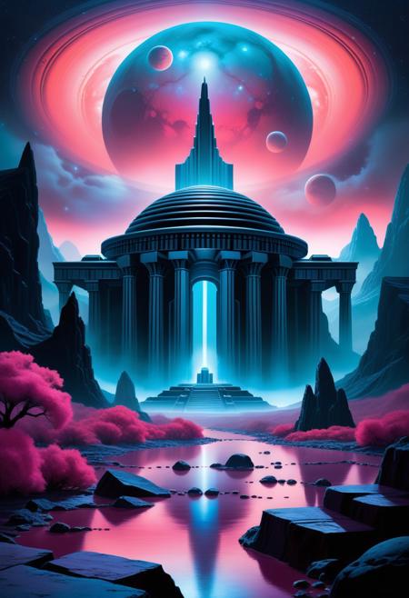A surreal painting depicting a forgotten temple on Pluto, shrouded in an eerie, dark atmosphere, with Charon looming ominously overhead, using infrared tones for an otherworldly, ethereal, and dreamlike quality, with gentle color contrasts.