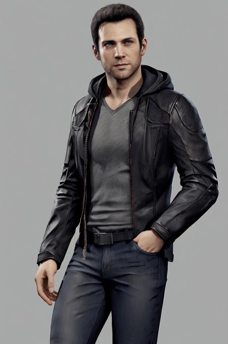 (RAW photo), concept art, <lora:gavreedtest:0.6>, gavinreed, male focus, gray background, jacket, jeans