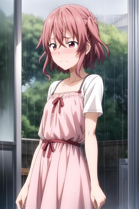 akane_eimura 1girl, bangs, eyebrows visible through hair, short hair, reddish-pink hair, pink eyes,  two side up