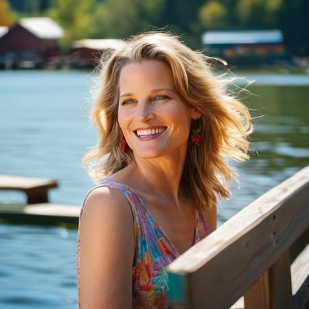 <lora:bridgetfonda_sdxl_resized_256_bf16:1> bridgetfonda a happy woman at a dock by the lake, bright colors, highly detailed,, (high detailed skin:1.2), 8k uhd, dslr, soft lighting, high quality, film grain, Fujifilm XT3