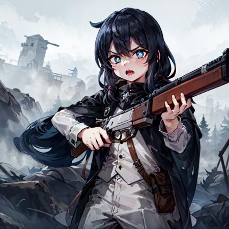 Masterpiece, high quality, (leveraction:1.2), antique firearm, stock, 1boy, black hair, long hair, flowing hair, white pupils, blue eyes, glowing eyes, cloak, aiming at viewer, one eye closed, detailed face, bangs, dust, smoke, fog, holding weapon, trigger discipline, dark, angry, tall, lean <lora:leveractionrifle-AOM2:0.8>