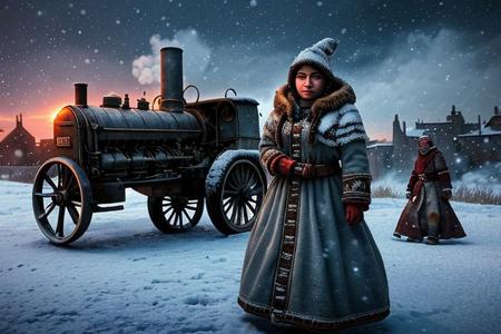 breathtaking frostpunk, a beautiful first nations woman 21 yo, dressed in retro winter garb, hood. (snowing:1.2), at dusk. walled settlement, machinery, belching smoke in the background. steam tractor. . award-winning, professional, highly detailed,
