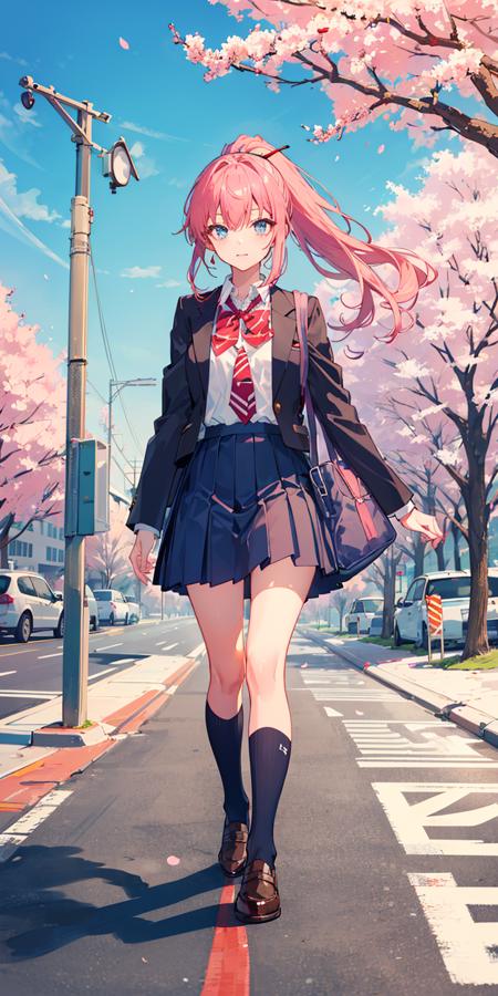 ((masterpiece,best quality)),(negative space),(1girl),beautiful detailed eyes, kita high school uniform, cherry blossoms, ponytail, (school path), road sign, walking,