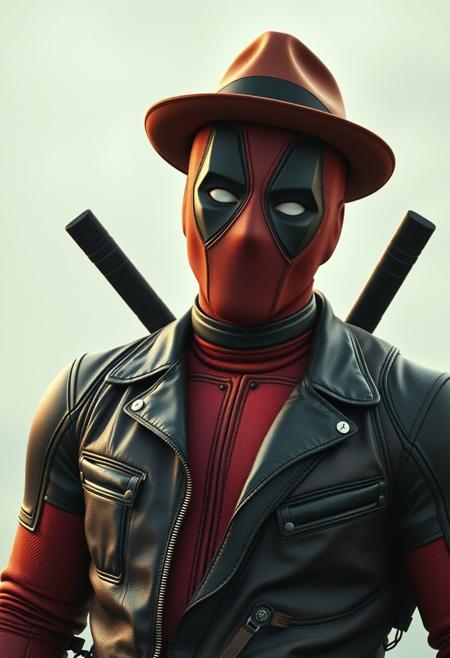 Deadpool, wearing a leather jacket and a fedora, cinematic, 4k, wide-angle