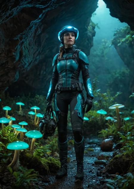 (photorealistic:1.3), masterpiece, 8k uhd, cinematic shot of a lone botanist-explorer standing in a dark, ancient cave. The explorer is wearing a practical, slightly worn high-tech suit. (The only light source is the ethereal, soft blue and green glow from strange, bioluminescent plants and giant mushrooms surrounding her:1.5). Water droplets on her helmet visor catch the faint light. Medium long shot, showing the character from the knees up,
 <lora:Mushroom_Portrait_Flux_v1:1> ,boshroomworld