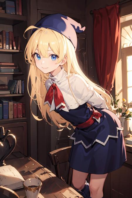 (detailed background), beautiful cg, best quality, (cinematic), witchpuyo, 1girl, blue dress, white capelet, red bow, blue headwear, blue footwear, sash, ahoge, smile, indoors, bookshelf, looking at viewer, leaning forward, arms behind back <lora:witchpuyopuyov5:1>