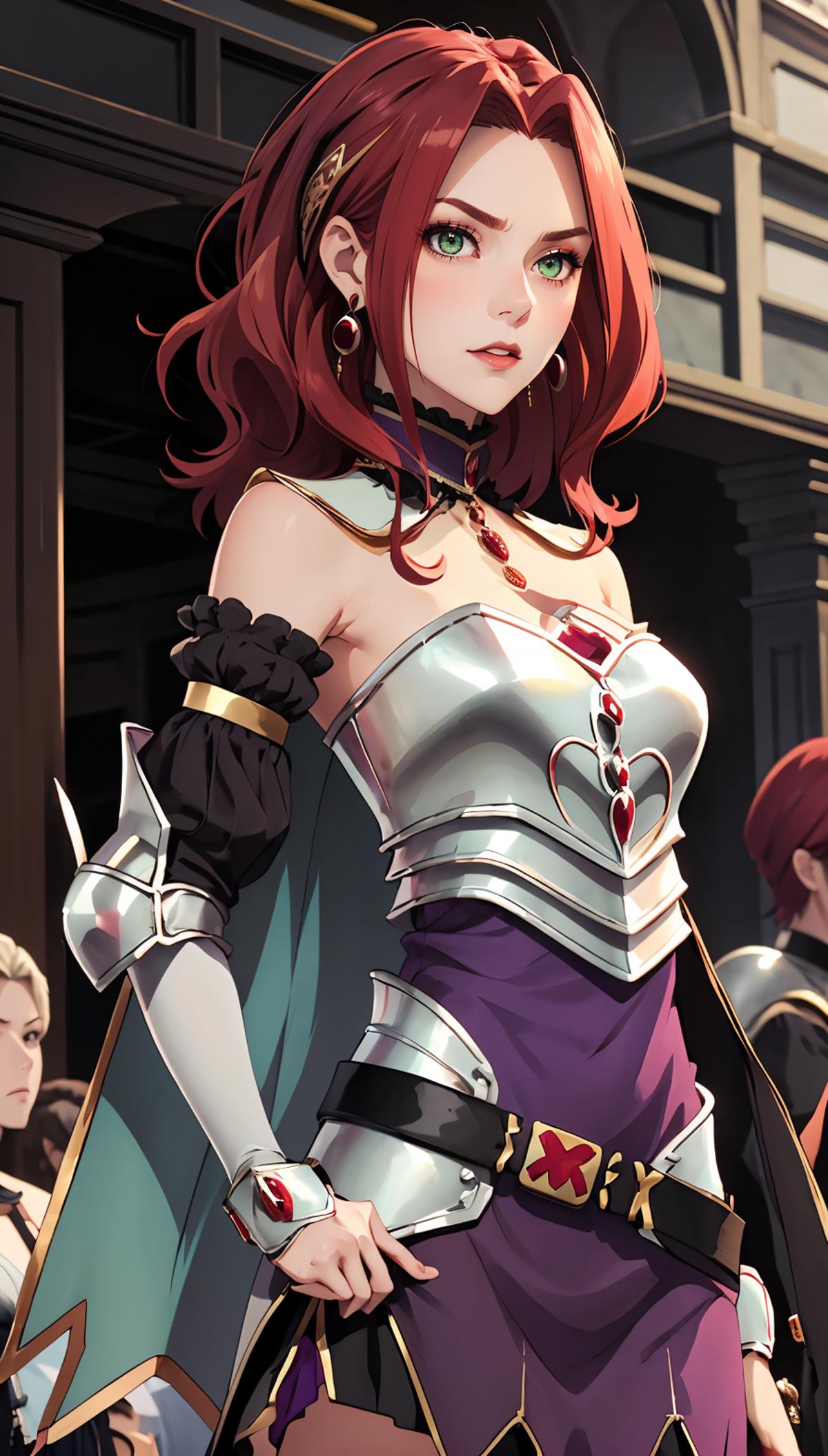 A red-haired woman wearing a silver armor and a cape.