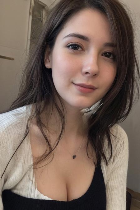 instagram photo, closeup face photo of 23 y.o Chloe in black sweater, cleavage, pale skin, (smile:0.4), hard shadows
